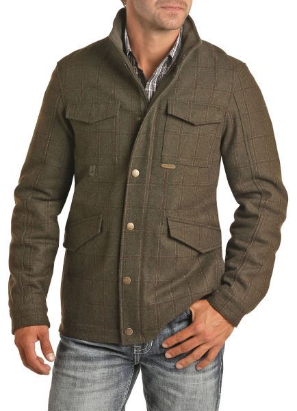 Powder River Outfitters Men's Olive Plaid Wool Bomber Jacket