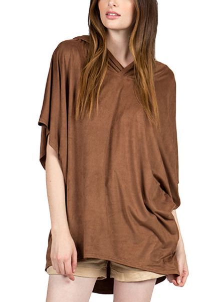 Monoreno Brown Suede Dolman Hooded Pullover Top