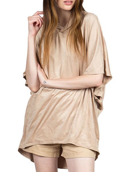 Monoreno Taupe Suede Dolman Hooded Pullover Top
