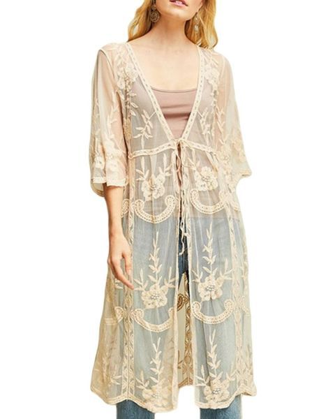 La Vida Taupe Tie Front Lace Bell Sleeve Duster 