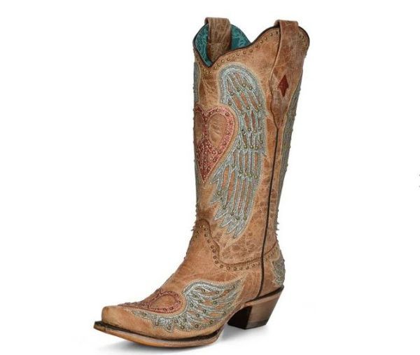 Women&#039;s Sand with Heart &amp; Wings Snip Toe Cowboy Boots