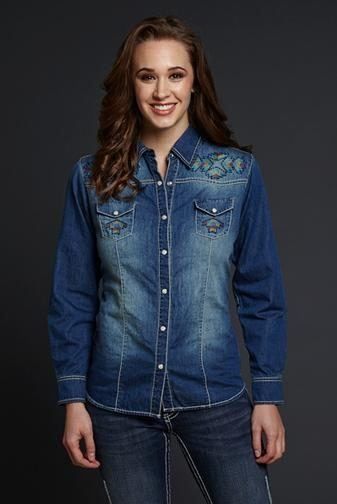 Cowgirl Up CG40707 Denim  Embroidered Button Up Shirt 
