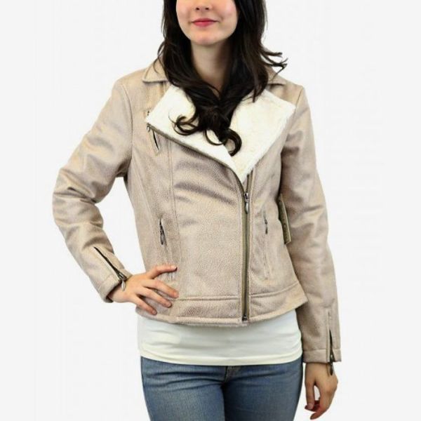 Cripple Creek Taupe Studded Faux Snakeskin And Faux Shearling Lined Zip Up Jacket 