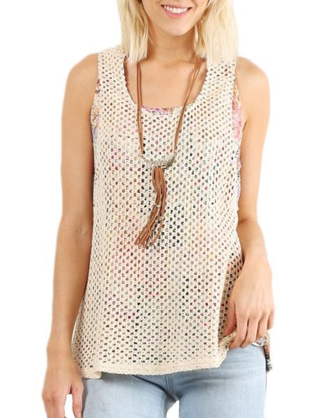 Hem and Thread Off White and Multi Printed Tank with Crochet Overlay