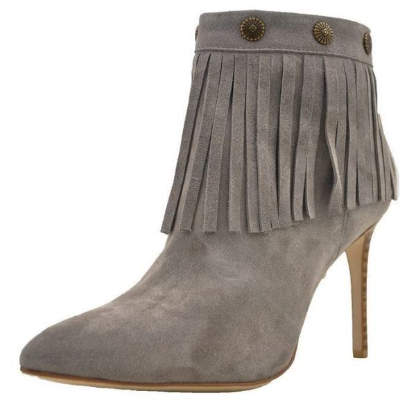 Very Volatile Gray Suede Fringe Bootie with Stud Conchos