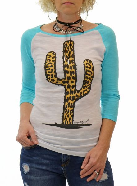 Red Barn Ranch Leopard Cactus Baseball Tee in Soft Turquoise
